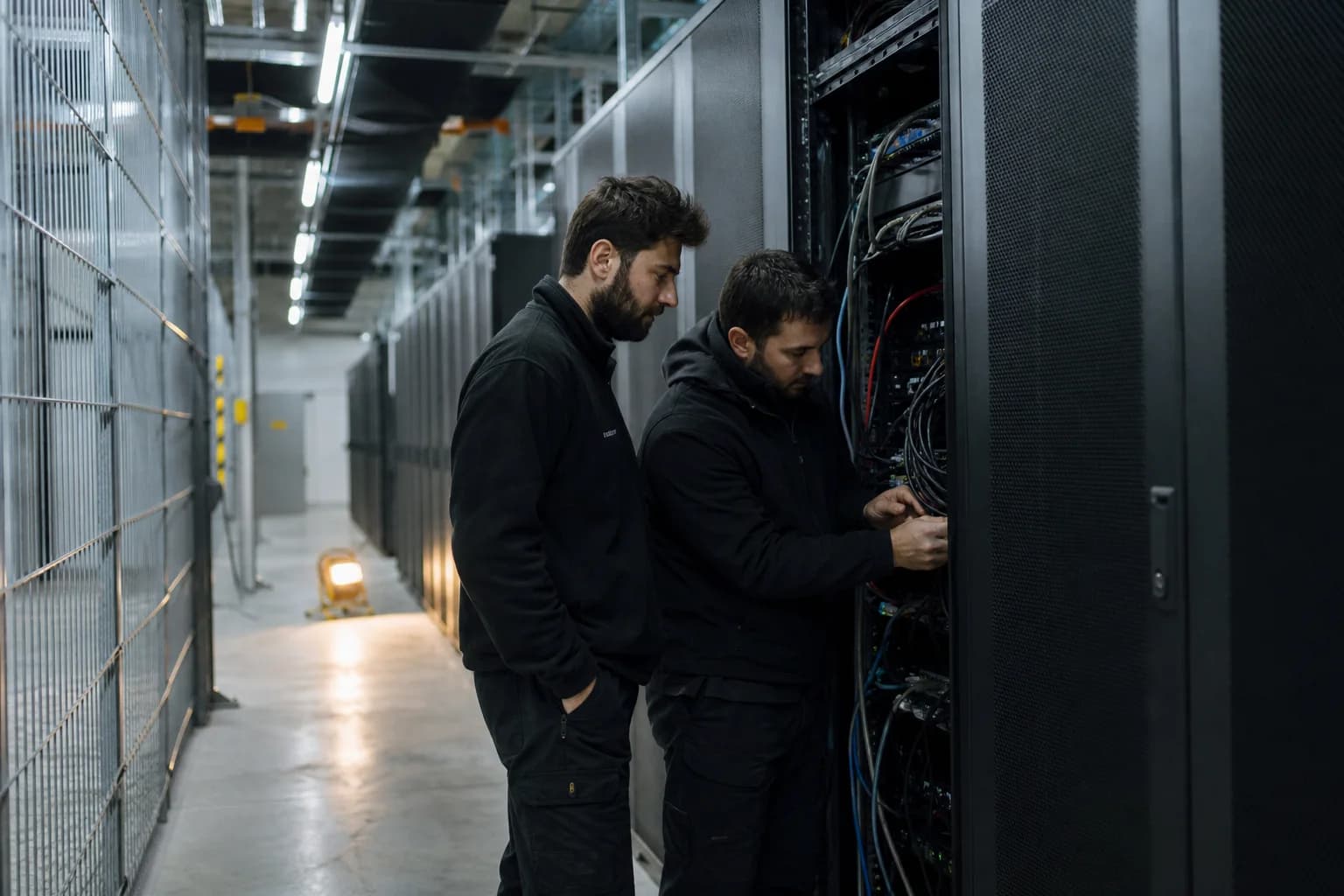 Two infrastructure engineers inspect an open server rack.